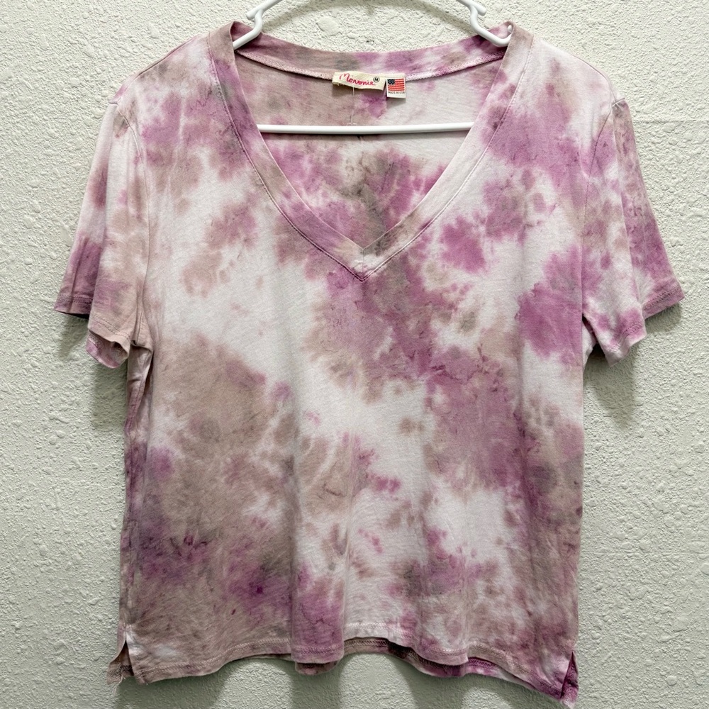 Anthropologie Maronie V-Neck Tie Dye Crop Tee Berry/Sand Medium